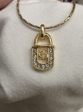 Vintage CD Gold Tone Padlock Pendant Necklace with Crystal Accents